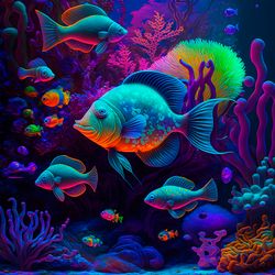 aquarium with bright colored tropical fish. vibrant colors. digital art.