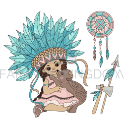 pocahontas bear indians princess girl vector illustration set