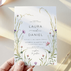 wildflower wedding invitation template, boho wedding invitations with rsvp, printable wedding invitation kits, download