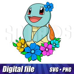 pokemon squirtle in flowers, svg and png formats, 300 dpi, vector file, cricut print, squirtle clipart, squirtle flowers