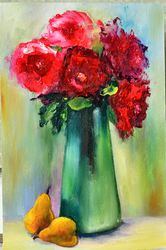 roses in a vase, yellow pears. oil painting