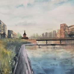 original watercolor painting. moscow. borisovskie ponds street