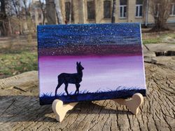 deer oil painting, animal art, night landscape, mini painting deer, summer night artwork, unique gift, art by inna esina