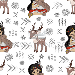 pocahontas deer princess girl indians seamless pattern vector