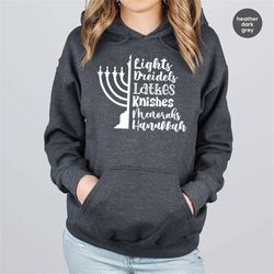 family hanukkah sweatshirt, dreidels lights long sleeve shirt, jewish candle hoodie, menorahs latkes hooded, jewish chan