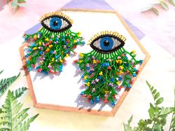 evil eye earrings with multicoloured flowers fringe beaded