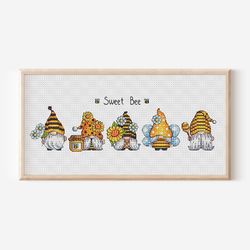 honey bee cross stitch, gnome bee cross stitch, bumblebee cross stitch, sunflower cross stitch, bee lover gift