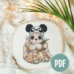 panda rabbit cross stitch, cartoon bunny cross stitch, cute animal cross stitch, baby shower gift, instant download