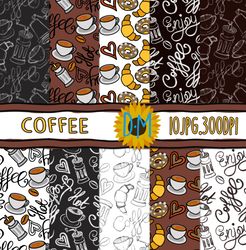 coffee seamless pattern, 10 cartoon digital paper set for scrapbooking and crafting, cafe, coffee cup, coffee beans,