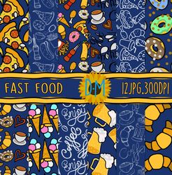 fast food seamless pattern, blueprint set for scrapbooking and crafting hot dog, burger, cola, pizza, donut, ice cream