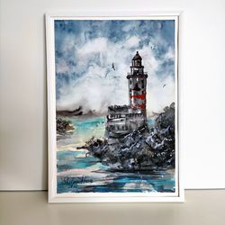 original watercolor painting by irina shilina canvas. "lighthouse. sakhalin"