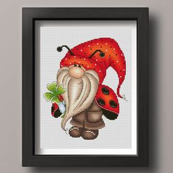 ladybug gnome cross stitch pattern pdf, summer gnome, summer cross stitch, insect cross stitch, counted cross stitch