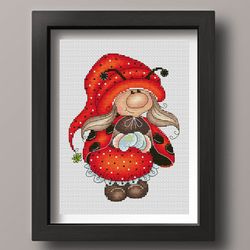 ladybug gnome girl cross stitch pattern pdf, summer gnome, summer cross stitch, insect cross stitch, cute cross stitch