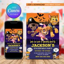 paw patrol halloween birthday invitation, paw patrol boy birthday invitation canva editable instant download