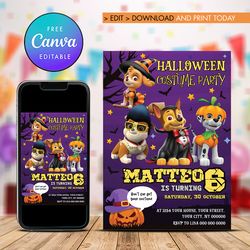 paw patrol halloween birthday invitation, paw patrol boy birthday invitation canva editable instant download