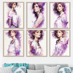 digital art, set of 6 prints, girl, posters, living room art, contemporary minimalist watercolor anime digital download