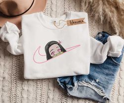 nezuko x nike embroidered sweatshirt, anime embroidered crewneck, custom anime embroidered hoodie, anime embroidered