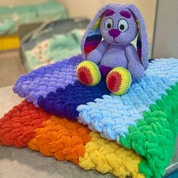 handmade rainbow baby blanket set and soft floppy with long ears. perfect for newborns and one-year-olds