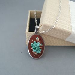 ribbon embroidered brown pendant with turquoise flower for her,  4th wedding anniversary gift, custom embroidery bouquet