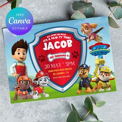 Paw Patrol Birthday Invitation, Paw Patrol Boy Birthday Invitation Canva Editable Instant Download