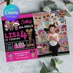 LOL Surprise Birthday Girl nvitation with photo Canva Editable Instant Download