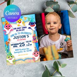 baby shark birthday invitation with photo canva editable instant download