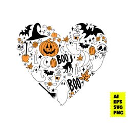 halloween doodle heart collage i love halloween svg, pumpkin svg, horror movie character svg, halloween svg, ai file