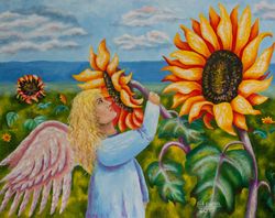 angel painting original artwork, sunflower field painting, angels artwork, sunflower oil art, heavens angel oil wall art