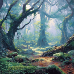 dawn's enchantment: a magical dance of fairies in an ancient forest oil painting