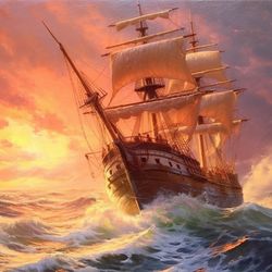 embracing the storm: dawn's fury illuminates resilient voyage - an oil painting