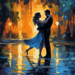 twilight tango: passionate dance under the park lights - an oil painting