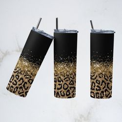 glitter gold leopard tumbler, glitter gold straighttapered skinny tumbler, horizontal leopard sublimation skinny tumbler