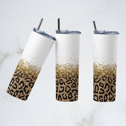 glitter gold leopard tumbler, glitter gold tapered wrap skinny tumbler, horizontal leopard sublimation skinny tumbler