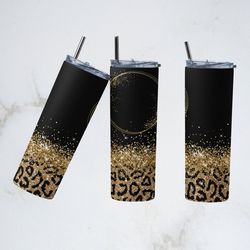 glitter gold leopard tumbler, glitter gold tapered skinny tumbler, horizontal leopard sublimation wrap skinny tumbler