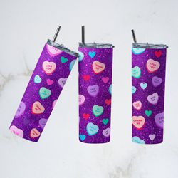 valentines day glitter love tumbler, conversation hearts straight skinny tumbler, glitter love sublimation skinnytumbler