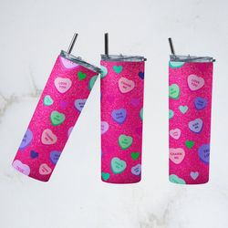 valentines day glitter love tumbler, conversation hearts tapered skinny tumbler, glitter love sublimation skinny tumbler