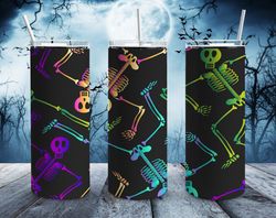 multicolored halloween skeletons straight tumbler, seamless design, halloween skinny tumbler