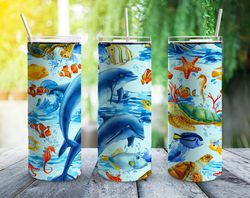 ocean dolphins straight tumbler, seamless design, seamless skinny tumbler