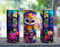 owl tumbler stained glass straight, seamless design, seamless skinny tumbler