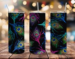 peacock feathers straight tumbler, seamless design, seamless skinny tumbler