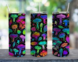 psychedelic neon mushrooms straight tumbler, seamless design, seamless skinny tumbler