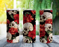 red roses skulls straight tumbler, seamless design, seamless skinny tumbler