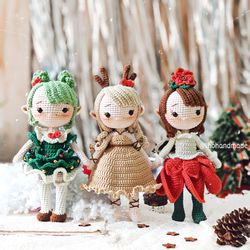 crochet doll for sale, amigurumi doll , amigurumi princess tree elf, princess reindeer elf, princess poinsettia elf