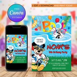 mickey mouse pool party birthday invitation canva editable instant download