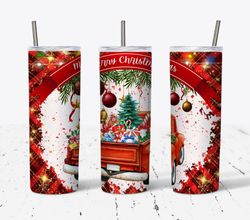 merry christmas red truck buffalo red plaid, christmas tumbler, christmas skinny tumbler