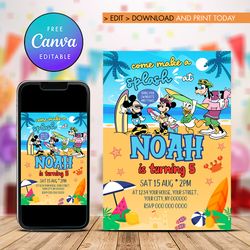 mickey mouse pool party birthday invitation canva editable instant download