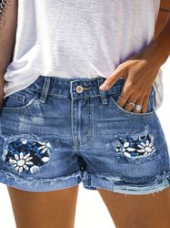 women's denim jeans blue rolled hem denim shorts slim fit ripped floral print slash pockets short denim pants