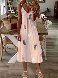 women's clothing sleeveless slim fit feather print low cut v-neck sling dresses