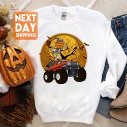 skeleton monster truck moon candy halloween sweatshirt, spooky season crewneck