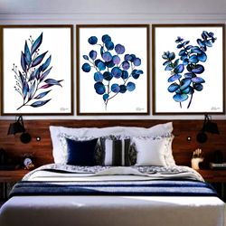 watercolor eucalyptus wall art print set of 3, greenery botanical wall art prints, minimalist art home living room decor